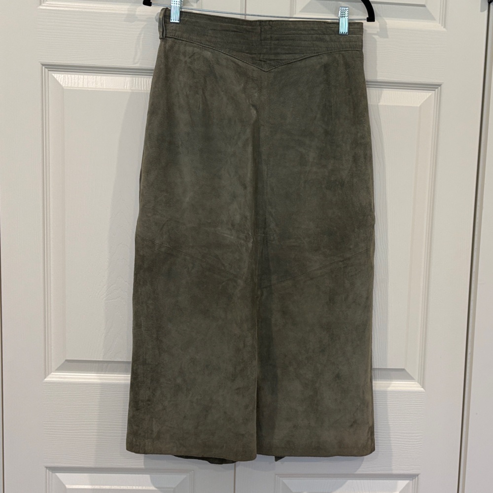 Elegant Olive Real Suede Midi Skirt